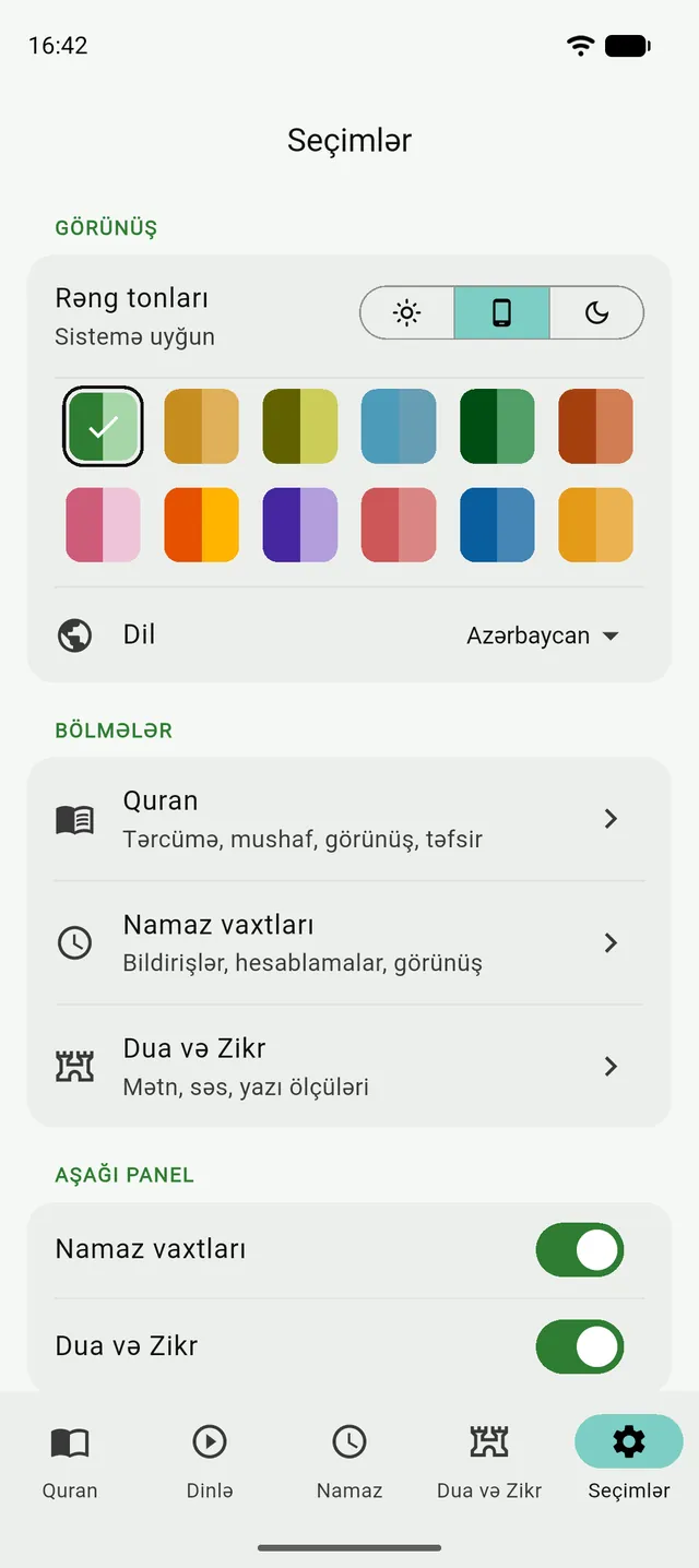 Tənzil seçimləri: açıq, sistemə uyğun və tünd rejim düymələri, rəng tonları və dil