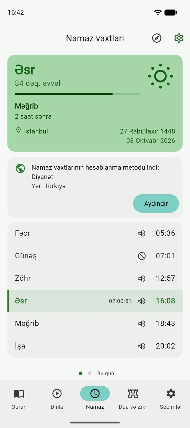 Tənzildə Namaz bölməsi: hesablama metodunun dəyişdiyini bildirən kart