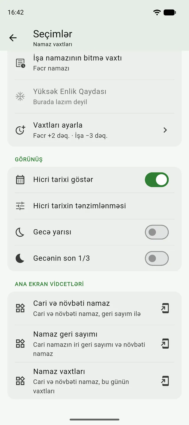 Tənzildə namaz seçimləri, Ana ekran vidcetləri bölməsi: Cari və növbəti namaz, Namaz geri sayımı və Namaz vaxtları