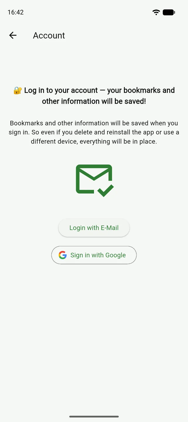 The Account page in Tanzil with the options to log in with e-mail or Google