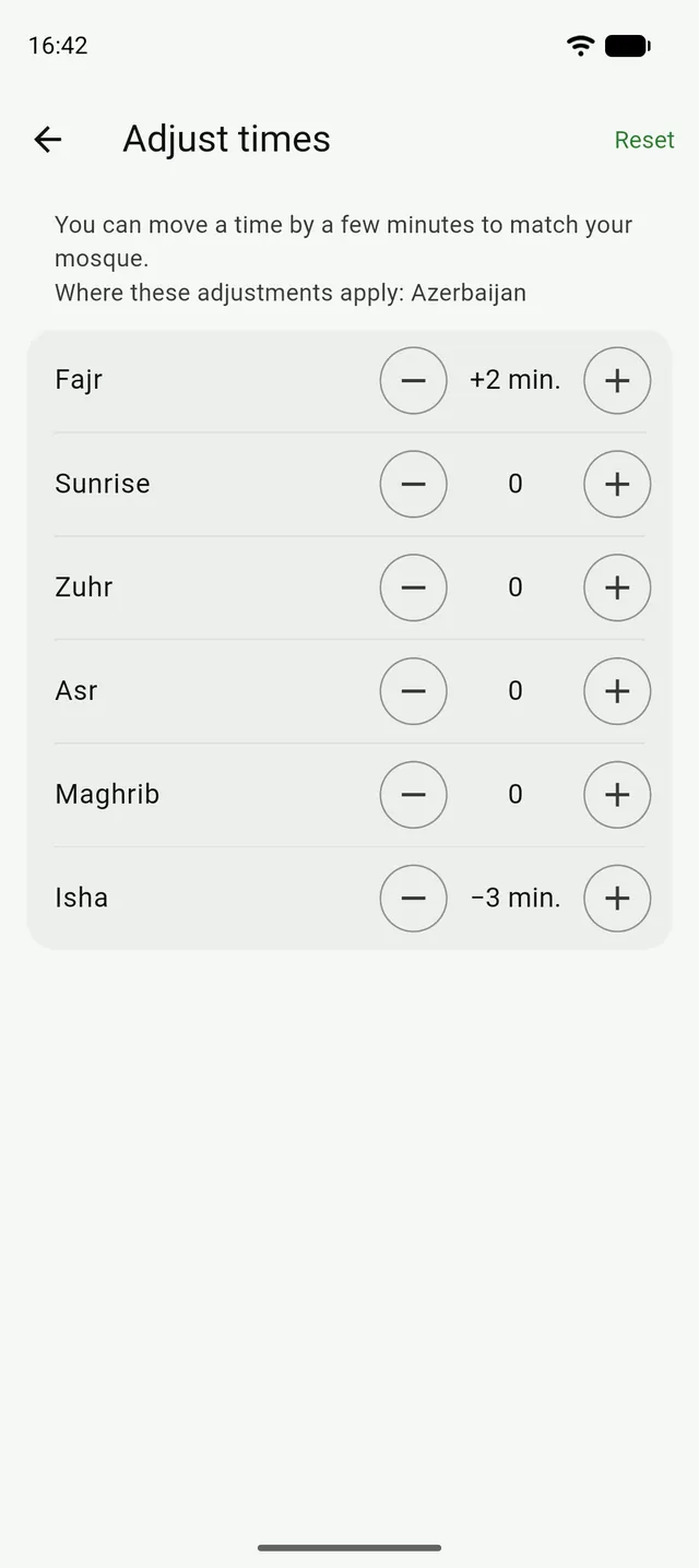 The Adjust times page in Tanzil with minus and plus buttons for each prayer