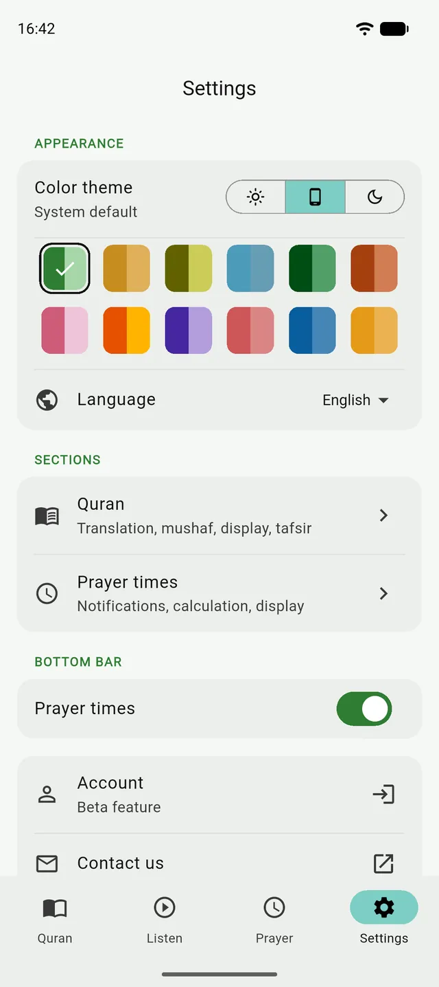 Tanzil settings: light, system and dark mode buttons, the colour themes and the language