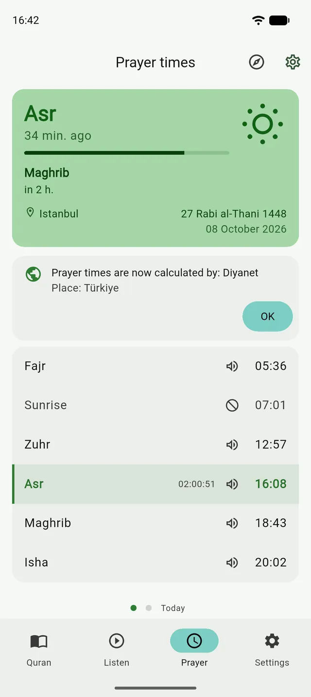 The Prayer tab in Tanzil with a card saying prayer times are now calculated by a new method