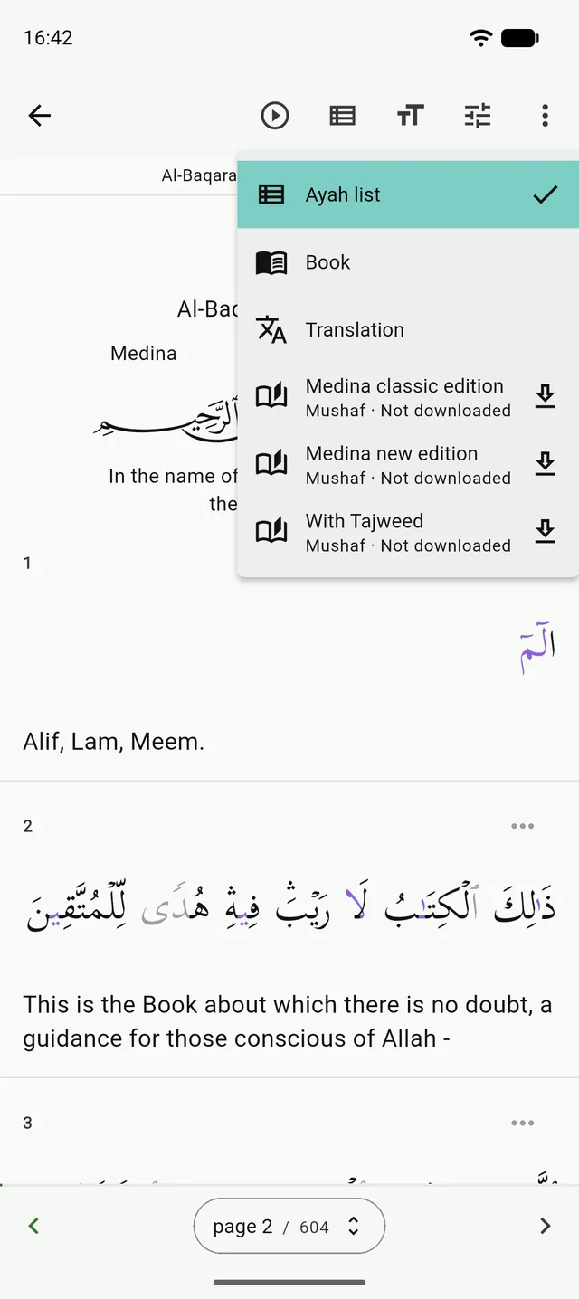 The Tanzil reader with the View menu open: Ayah list, Book, Translation and the three mushafs
