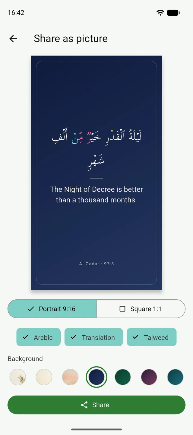 The Share as picture screen in Tanzil: the ayah card, the format choice and the background strip