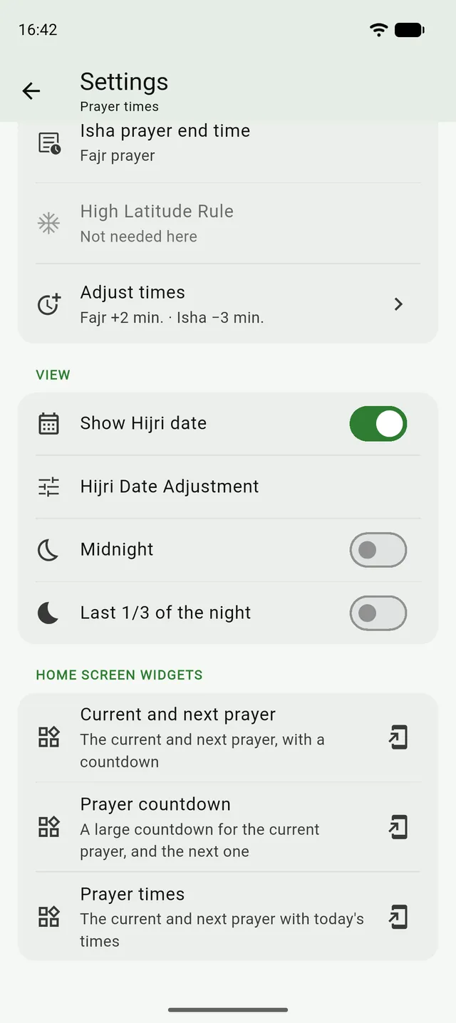Prayer settings in Tanzil scrolled to Home screen widgets: Current and next prayer, Prayer countdown and Prayer times