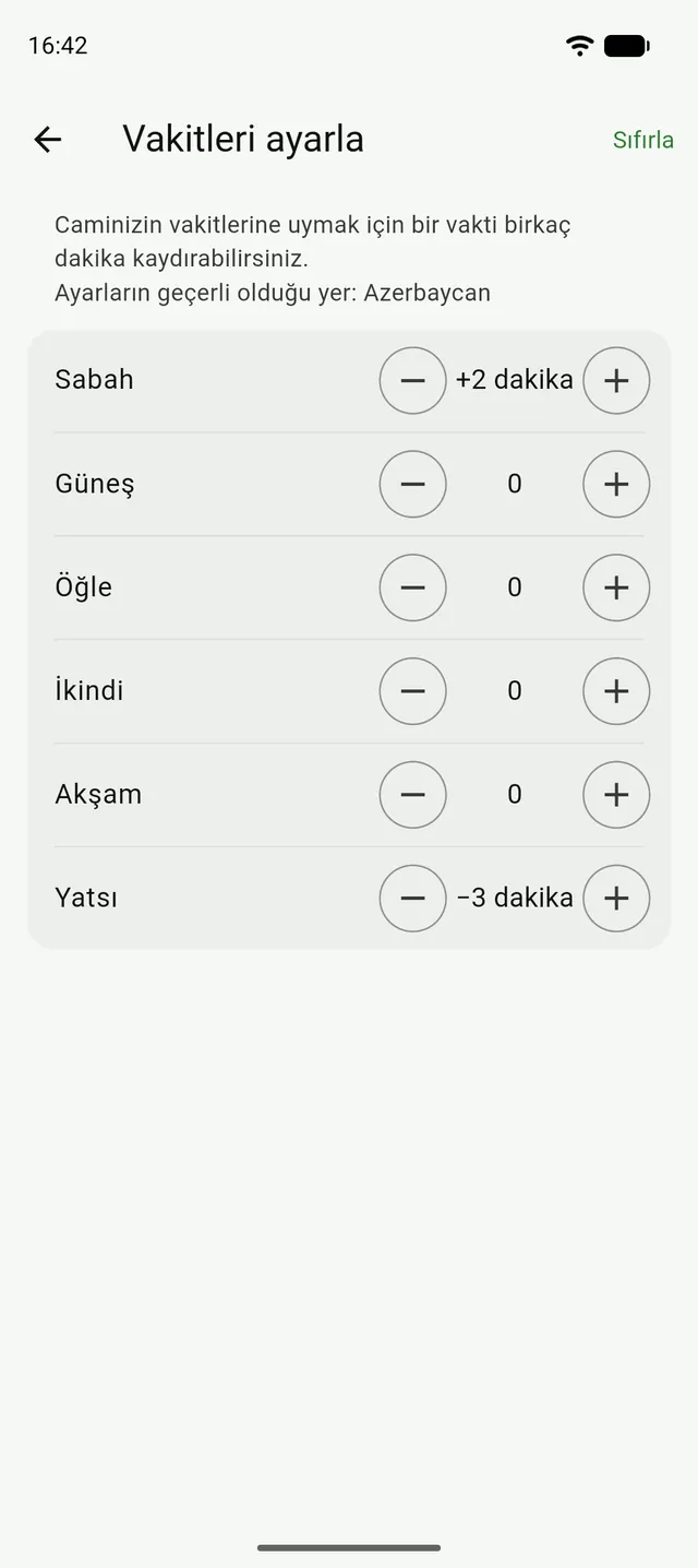 Tenzil'de Vakitleri ayarla sayfası: her namaz için eksi ve artı düğmeleri
