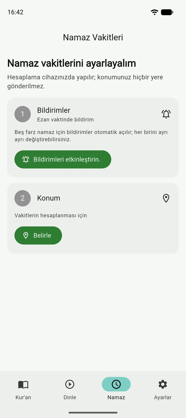 Tenzil'de namaz vakitlerini ayarlama ekranı: bildirim ve konum adımları