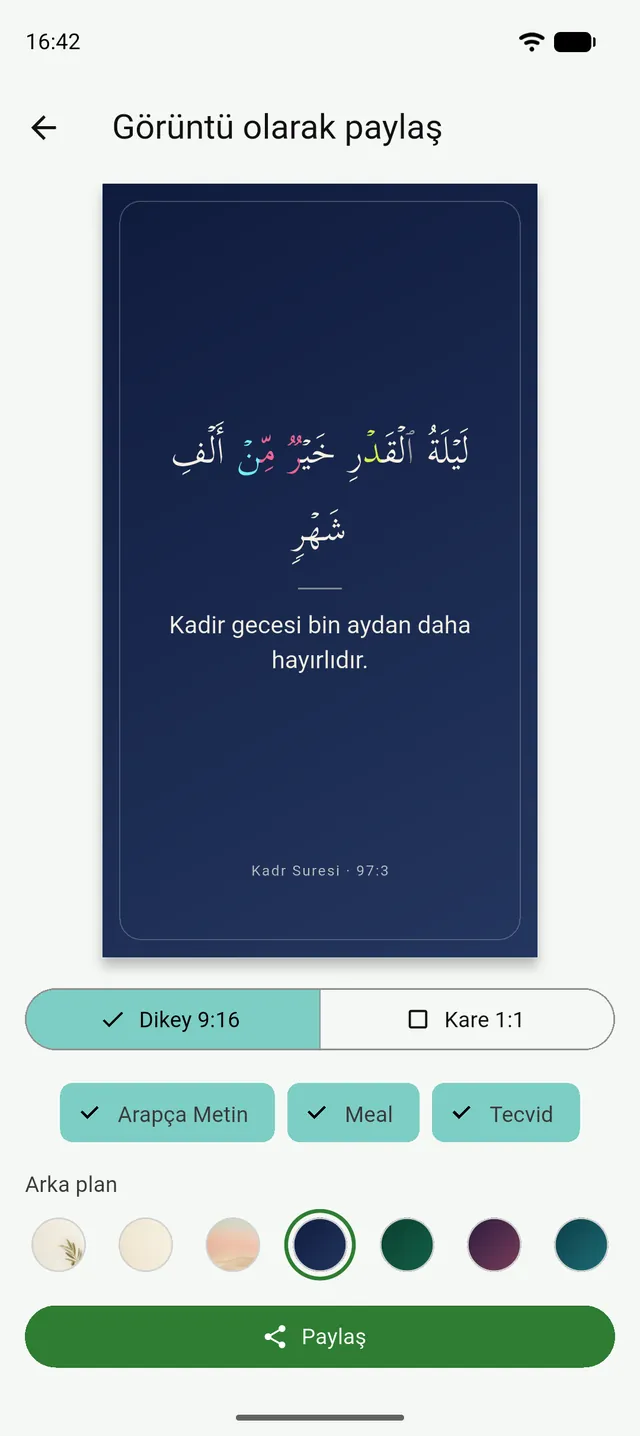 Tenzil'de Görüntü olarak paylaş ekranı: ayet kartı, biçim seçimi ve arka plan şeridi