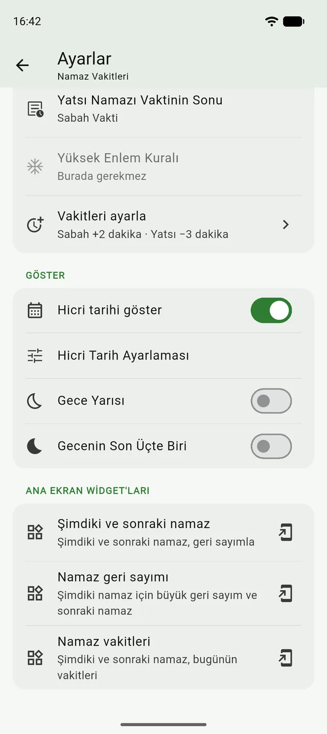 Tenzil'de namaz ayarları, Ana ekran widget'ları bölümü: Şimdiki ve sonraki namaz, Namaz geri sayımı ve Namaz vakitleri